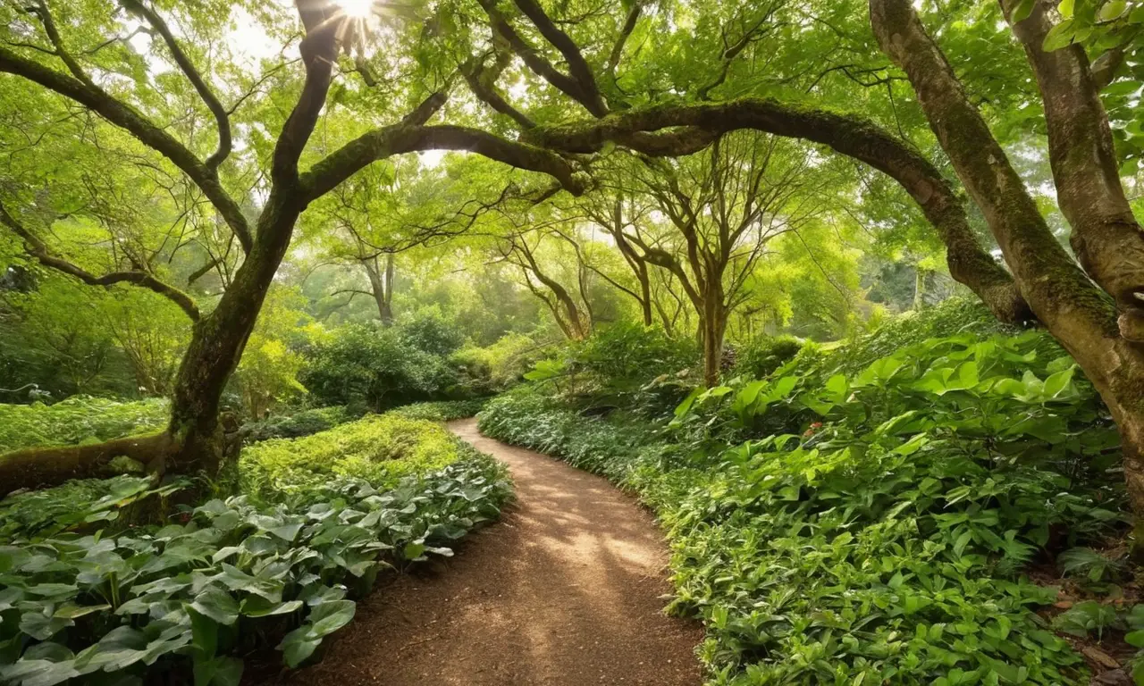 Jardín sereno con luz, plantas y sombras