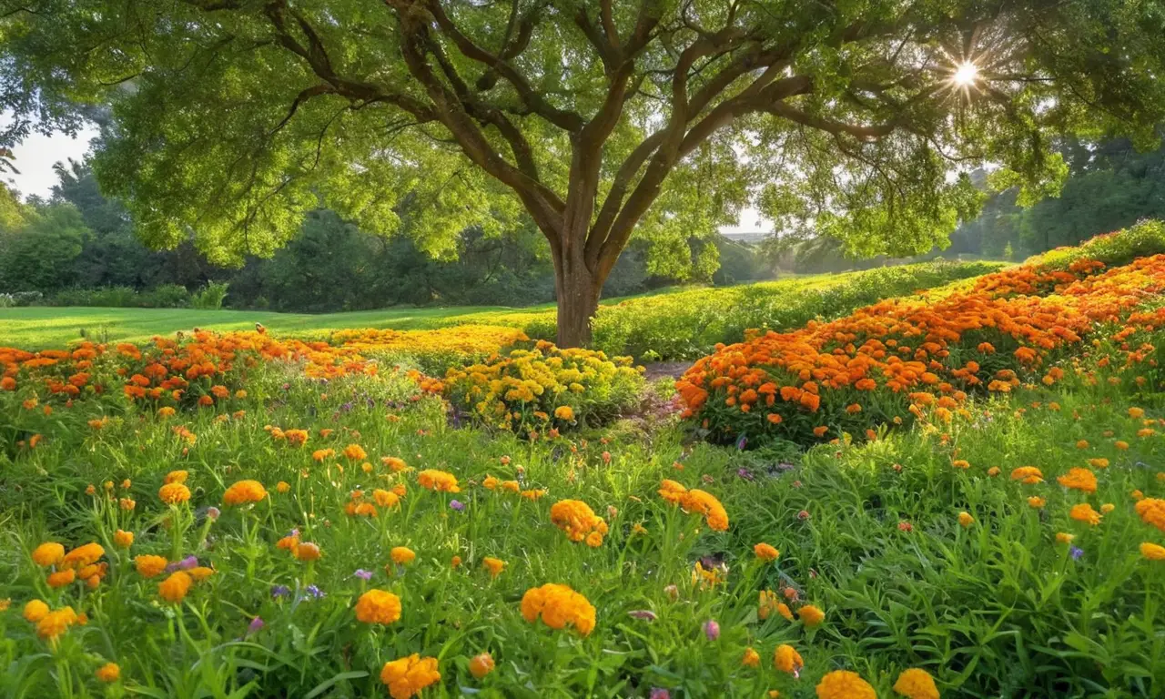 Sereno jardín con morera, flores y luz
