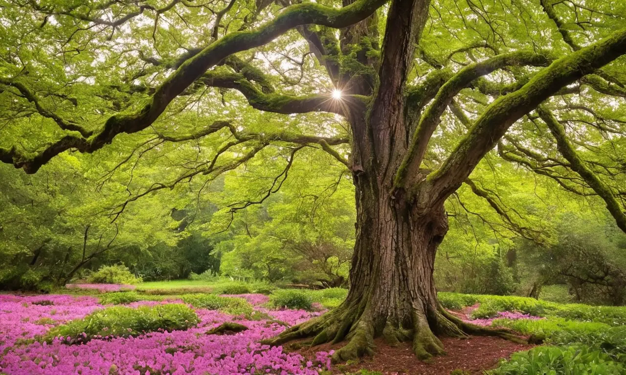 Árbol Jupiter rodeado de flores y naturaleza