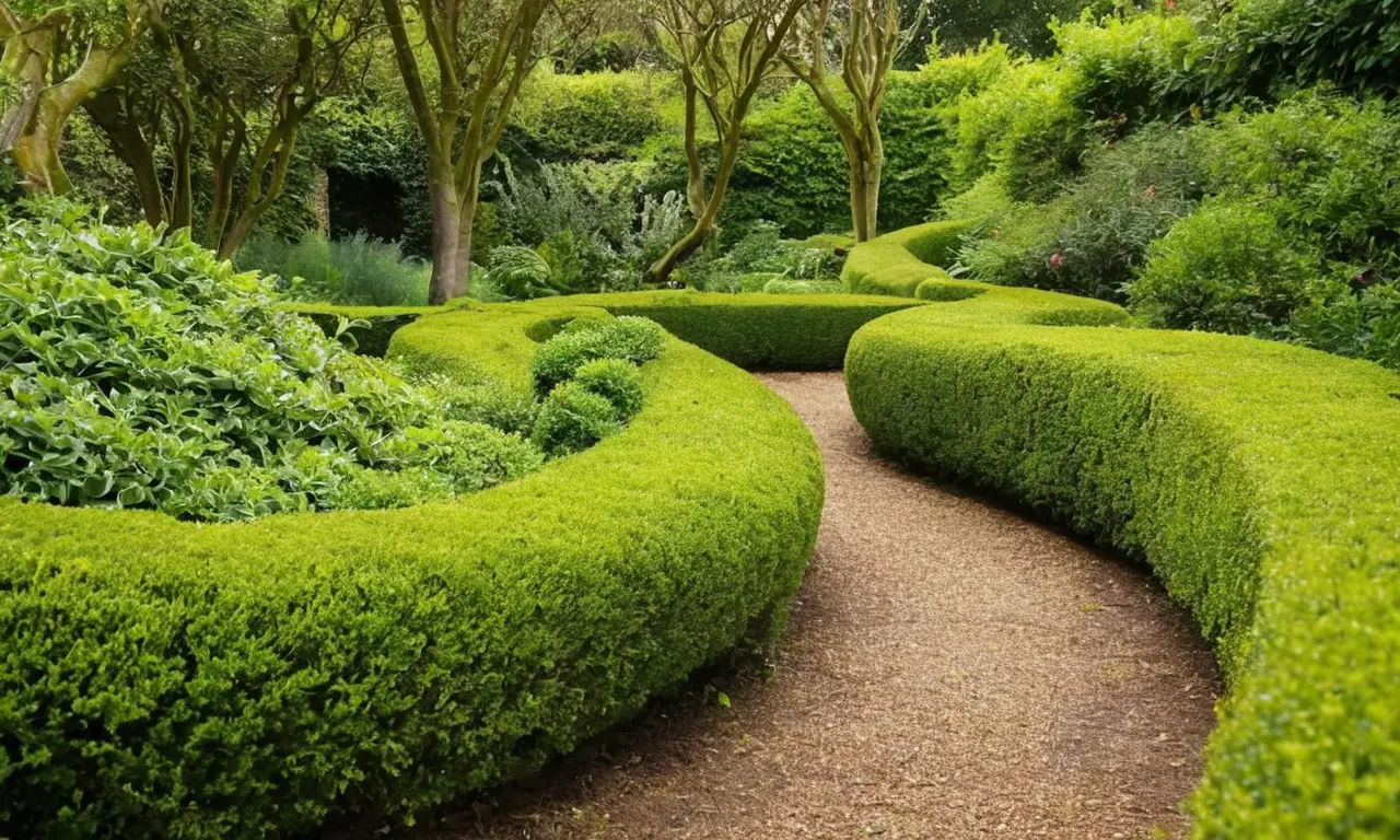 Jardín vibrante con topiarios y luz natural