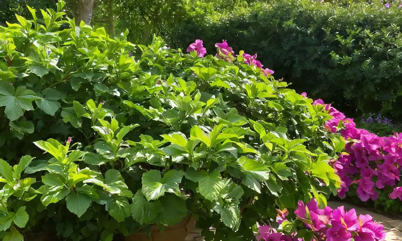 Hibiscus morados rodeados de verde y luz