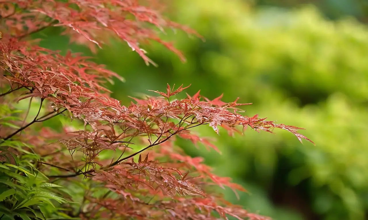 Hoja verde de Acer palmatum en un jardín