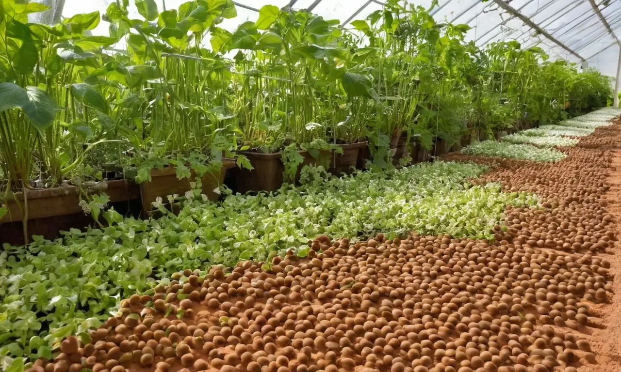Invernadero brillante con plantas y sistemas hidropónicos