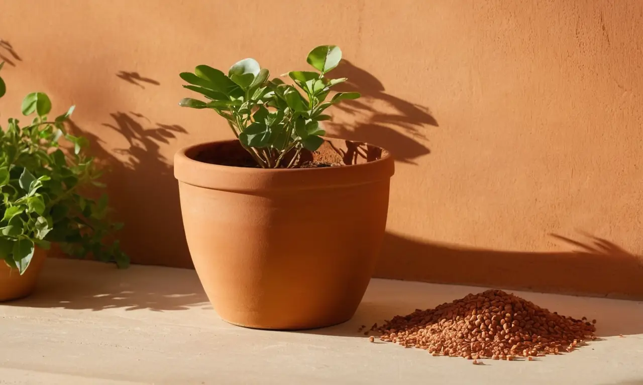 Arcilla terracota sobre madera con plantas verdes