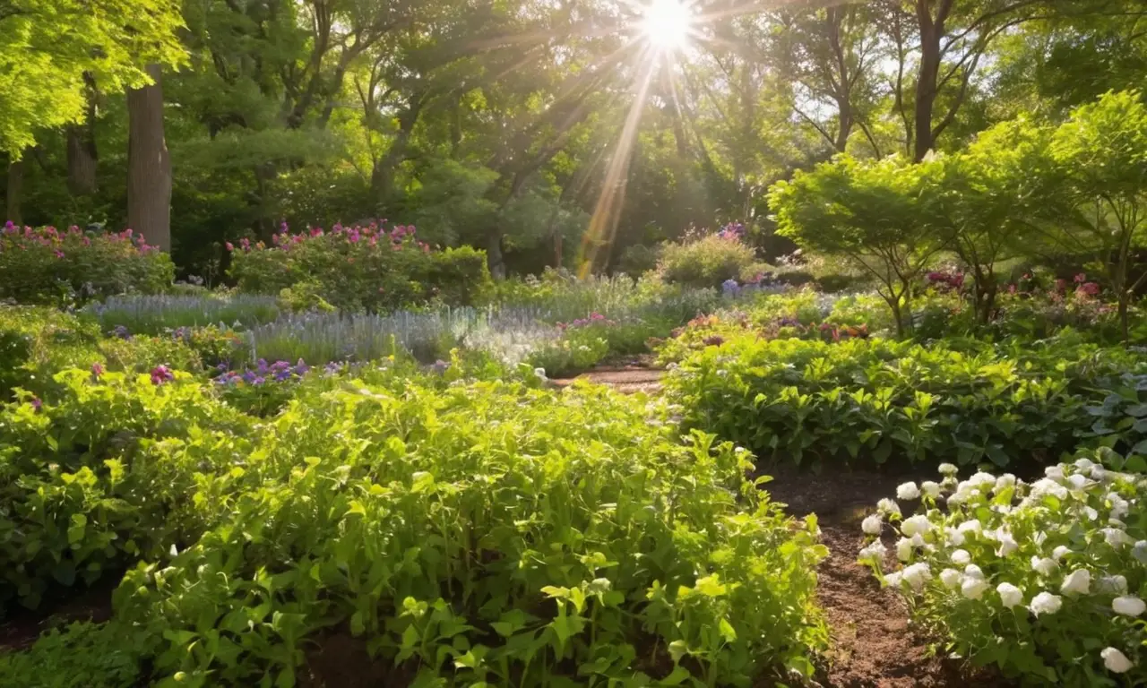 Jardín soleado con vegetación y vida vibrante