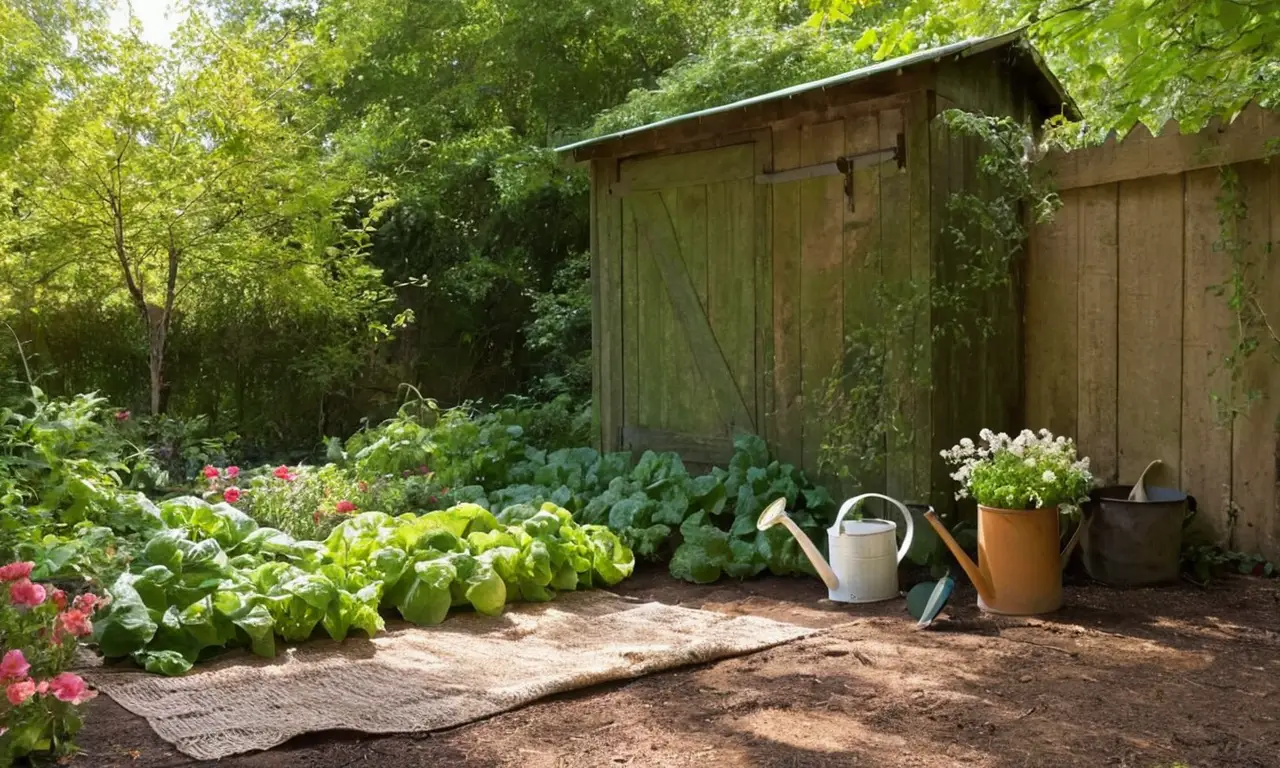 Shed simple rodeado de un jardín vibrante