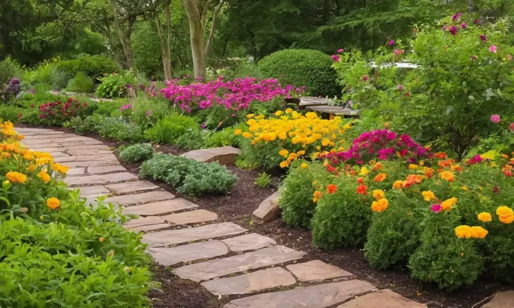 Jardín vibrante y acogedor con flora variada