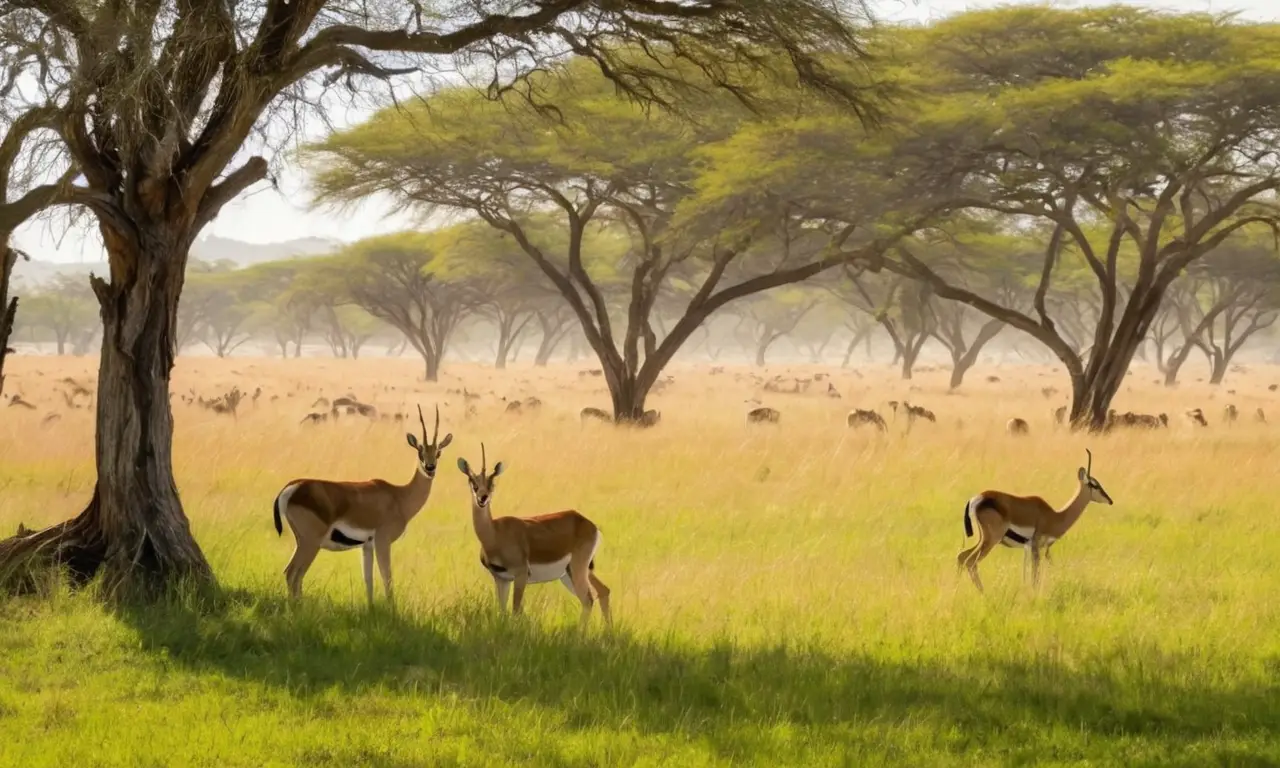 Sabana iluminada con fauna pacífica y serena