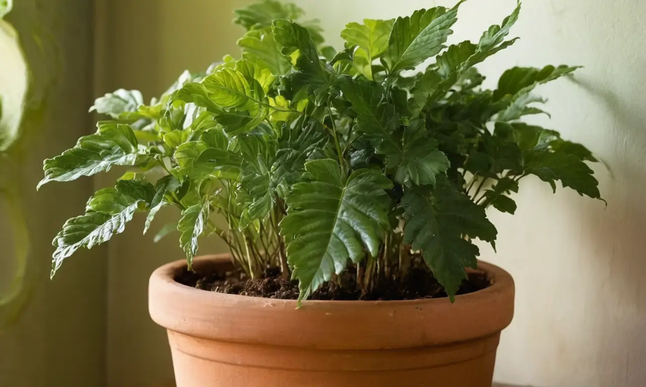 Plantas verdes brillantes en maceta rústica