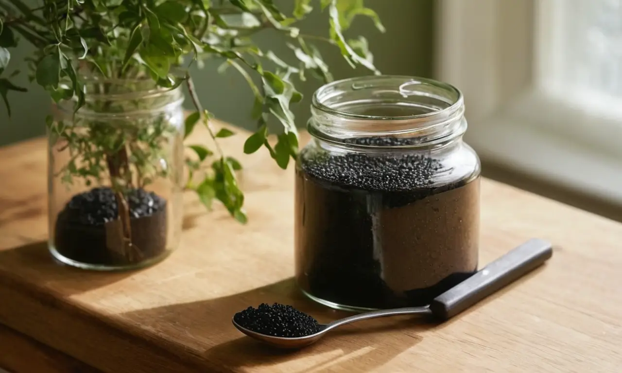Mesa de madera con carbón y plantas