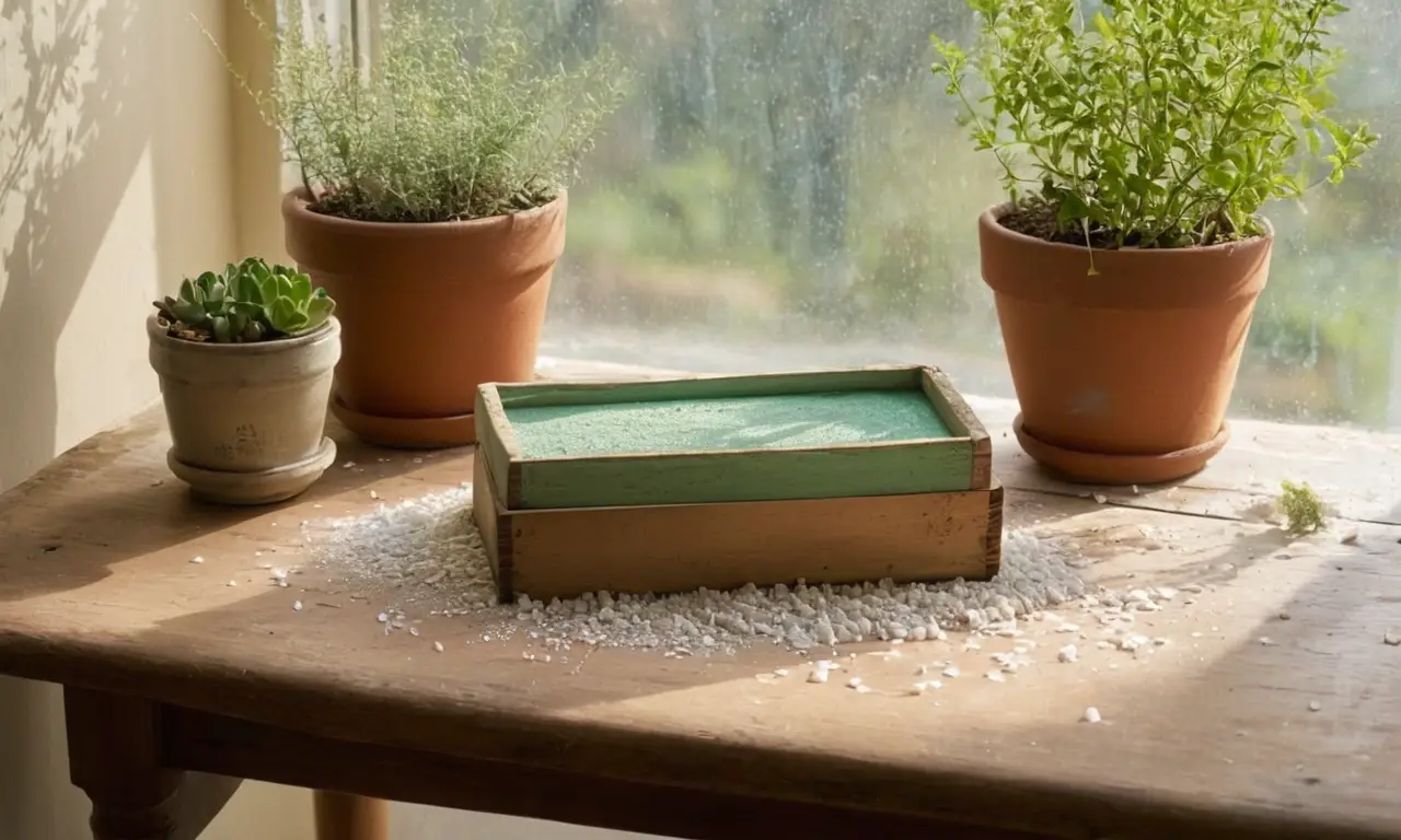 Mesa rústica con dehumidificadores y tiza