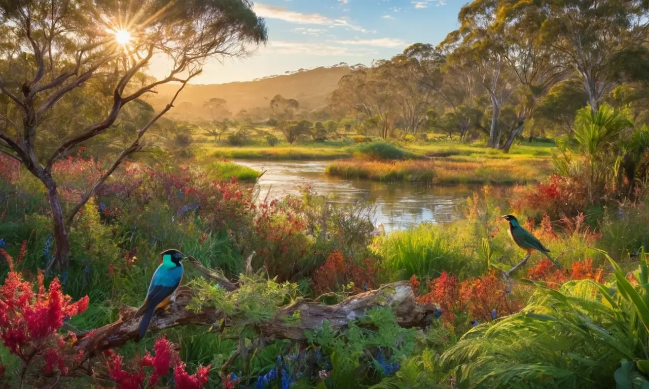 Paisajes australianos vibrantes con aves diversas