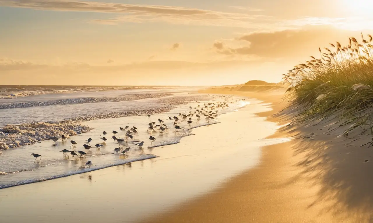 Paisaje costero sereno con aves y olas