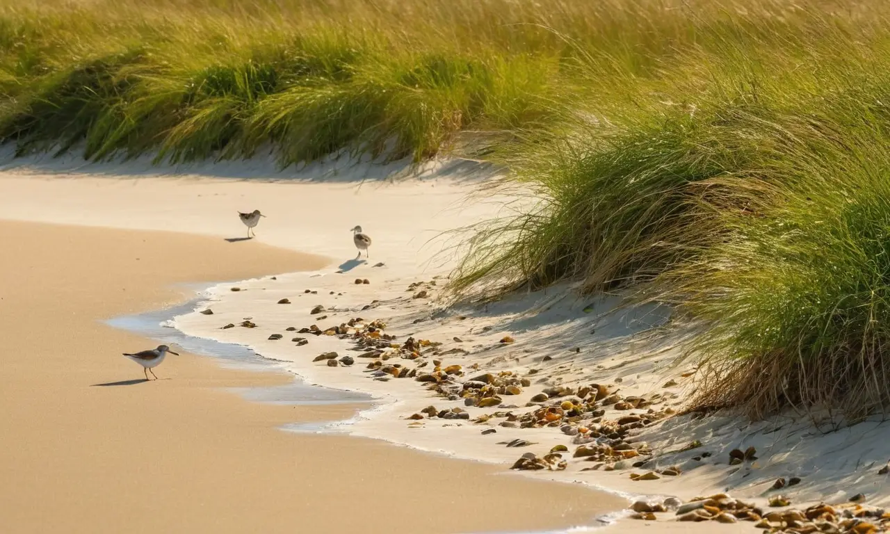Playa viva con aves, olas y naturaleza