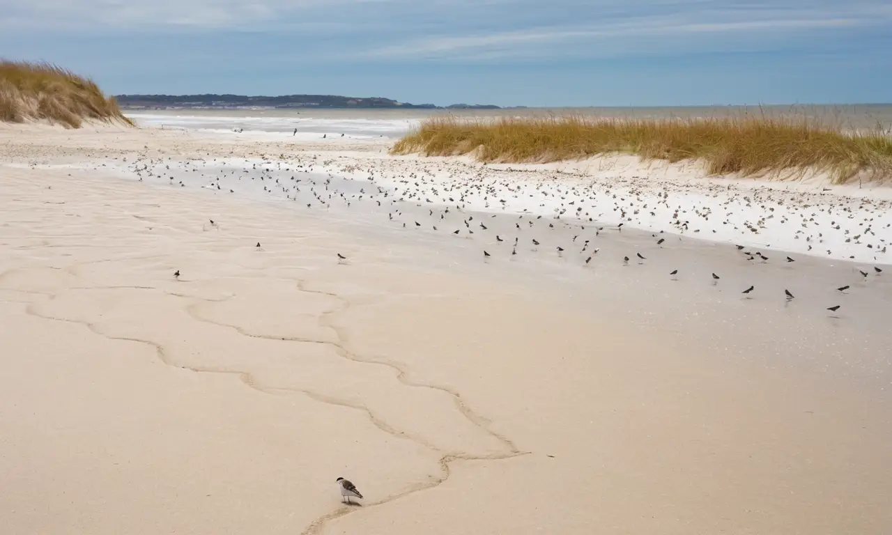 Playa tranquila con aves en movimiento