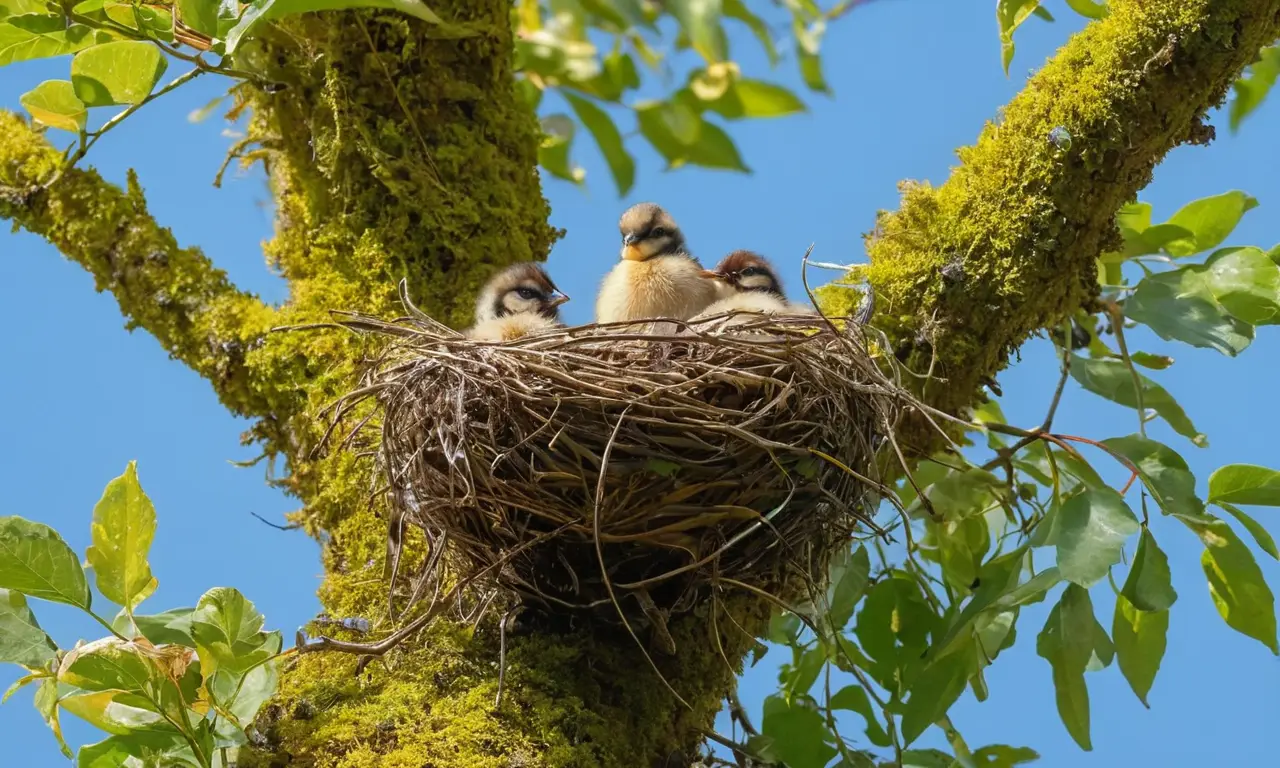 Un bosque vibrante con aves y nido
