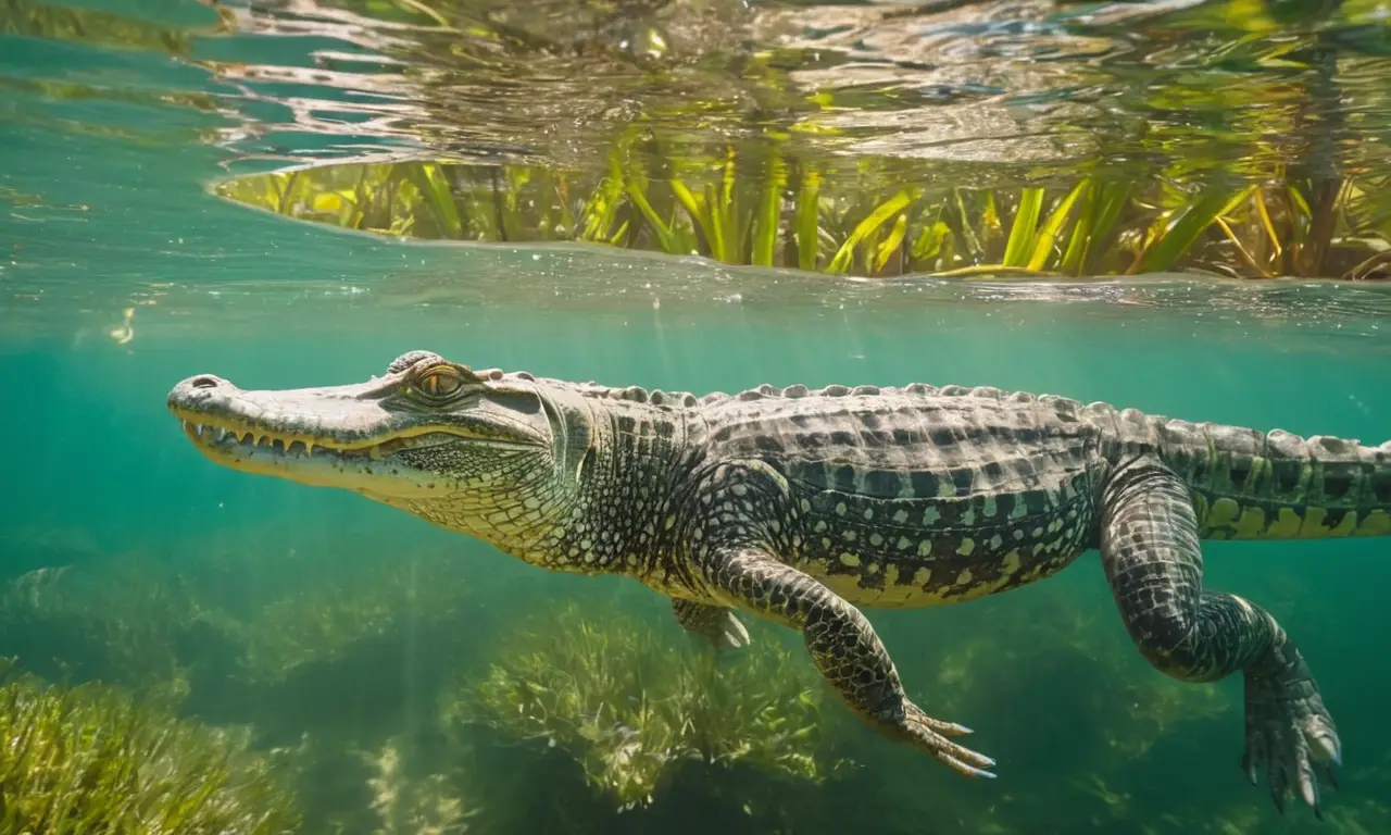Cocodrilo elegante nada en agua turquesa