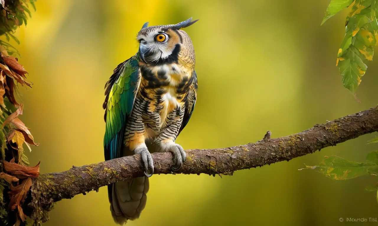 Escena forestal viva con aves coloridas
