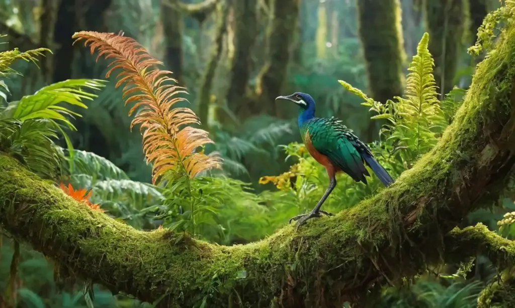 Selva vibrante con aves dinosaurio coloridas
