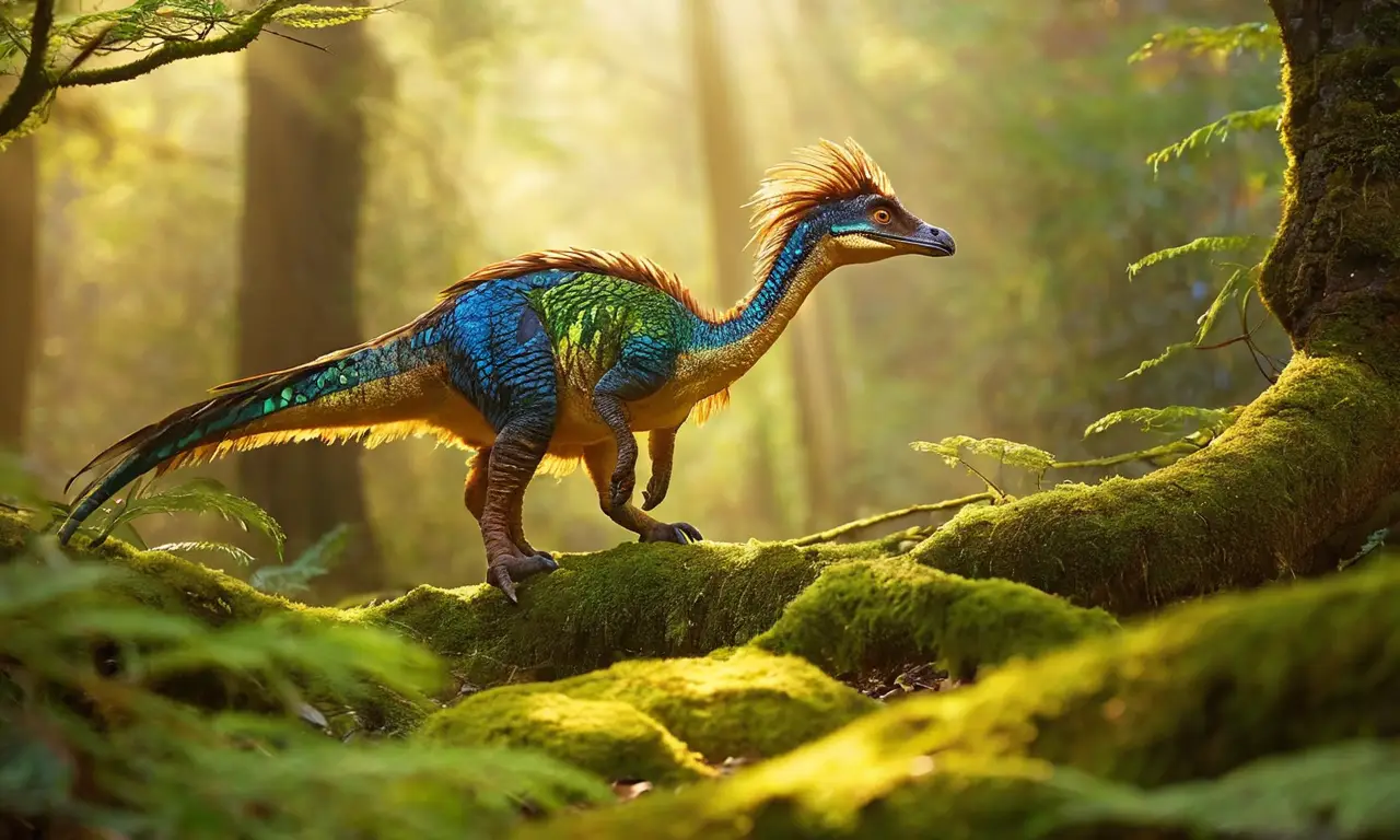 Un dinosaurio colorido en un bosque prehistórico