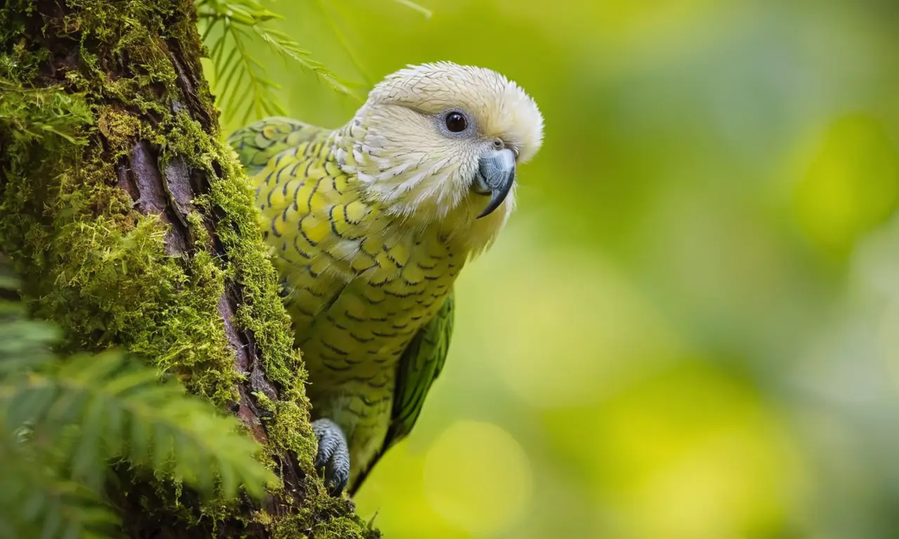 Kakapo verde posado en un árbol