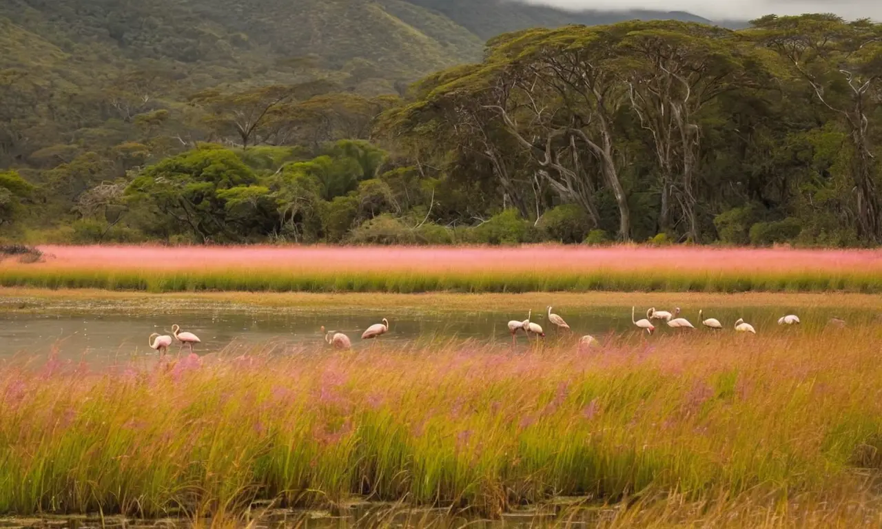 Paisaje diverso con fauna aviar y flora