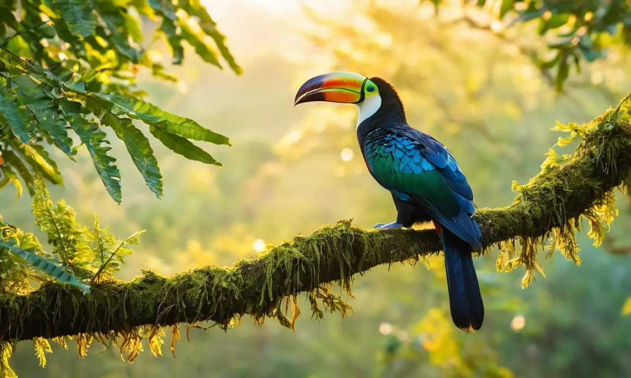 Selva vibrante con aves y luz dorada
