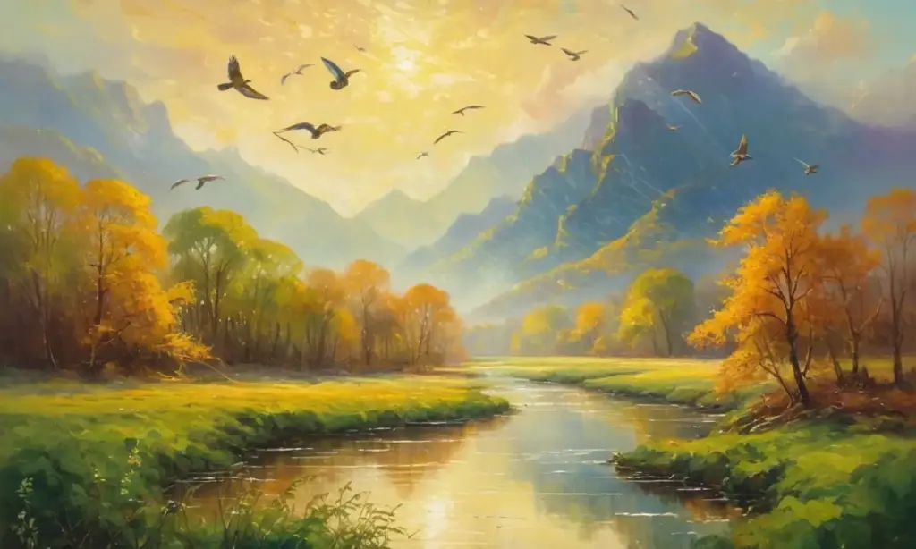 Paisaje vibrante con aves y naturaleza armoniosa