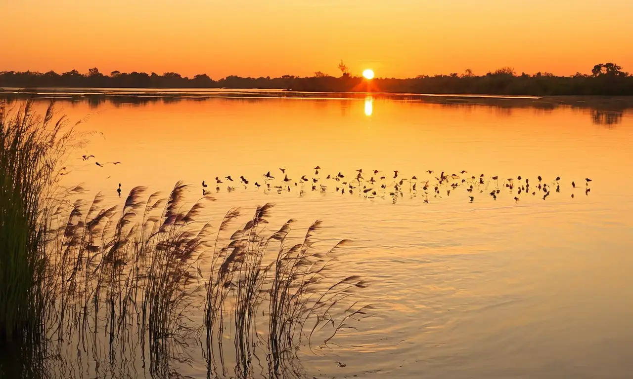 Pantano sereno al atardecer, migración armoniosa