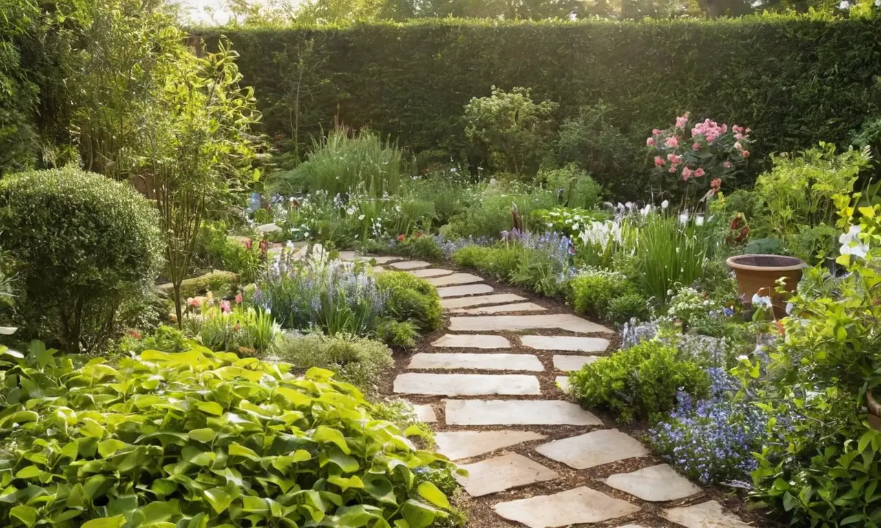 Jardín vibrante, flores, luz y serenidad