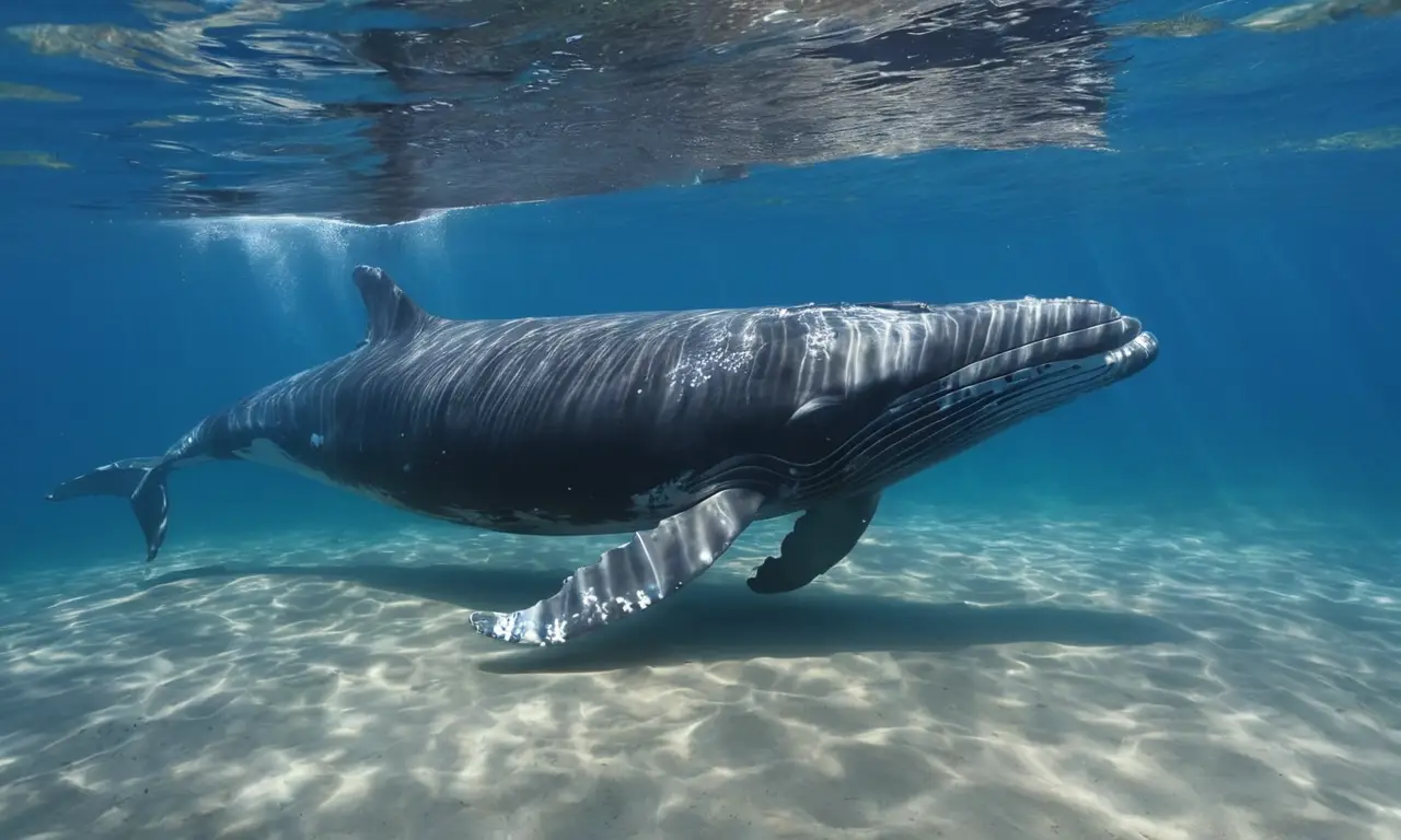 Escena submarina tranquila con ballena y delfines