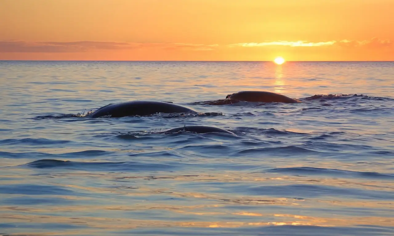 Ballenas nadan serenamente en un océano iluminado