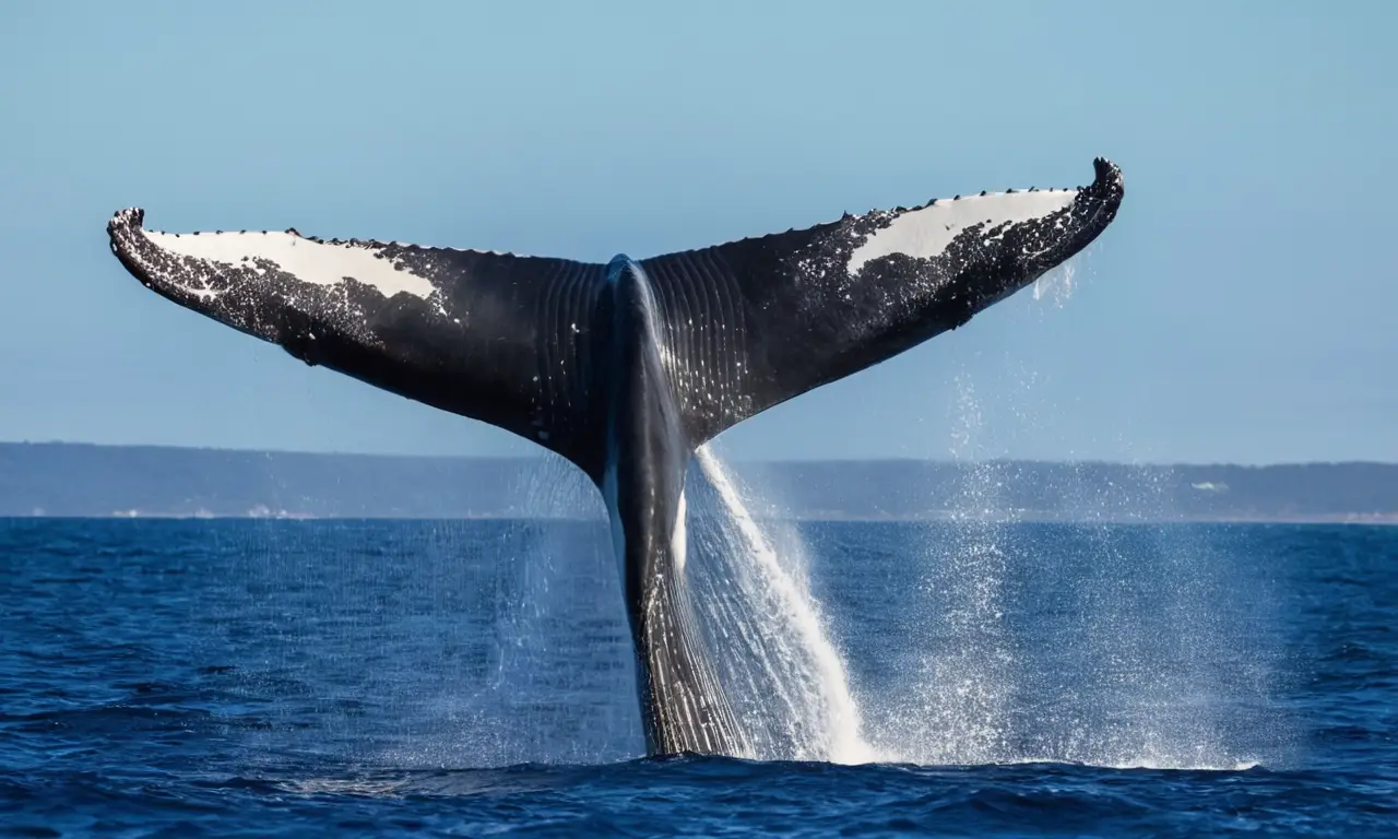 Ballena jorobada salta en océano azul