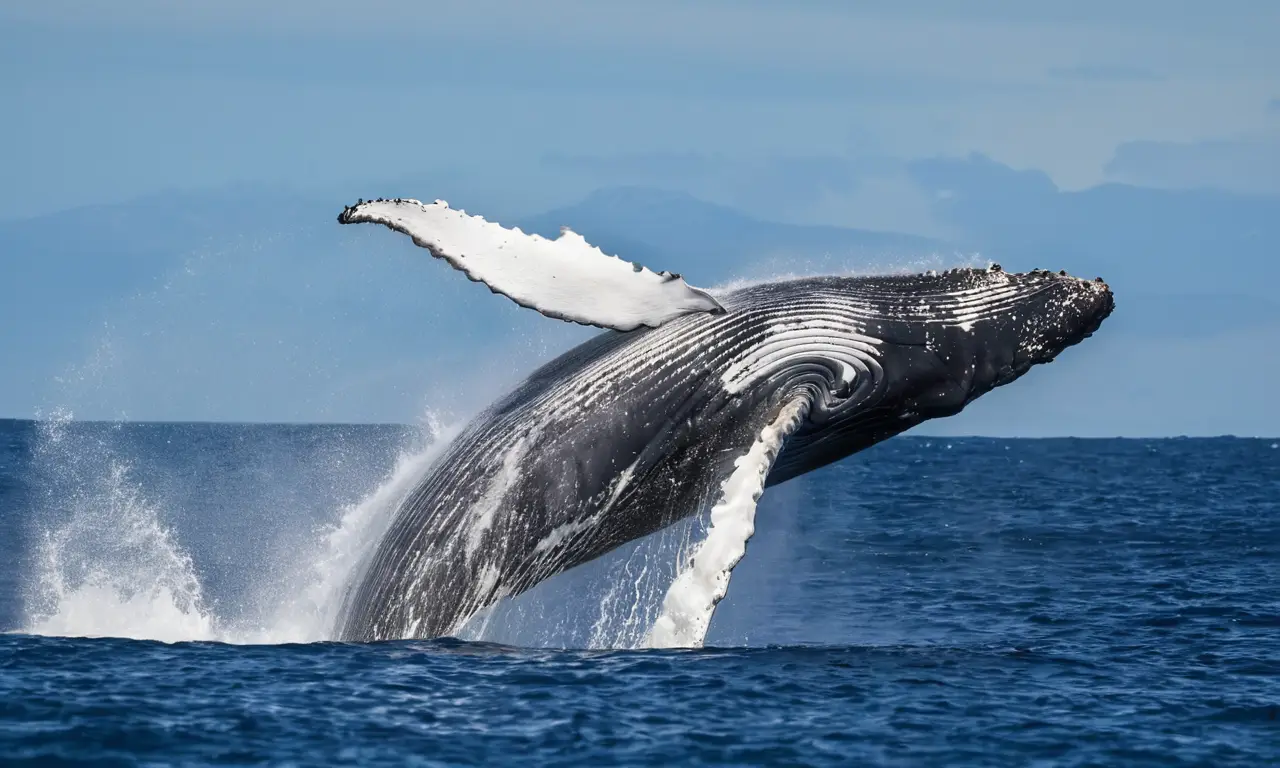 Ballena jorobada salta en océano brillante