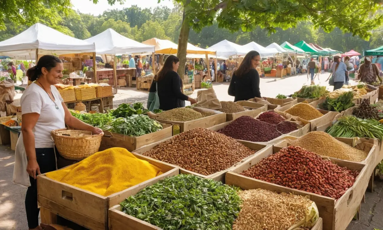 Mercado agrícola vibrante, comunidad y sostenibilidad