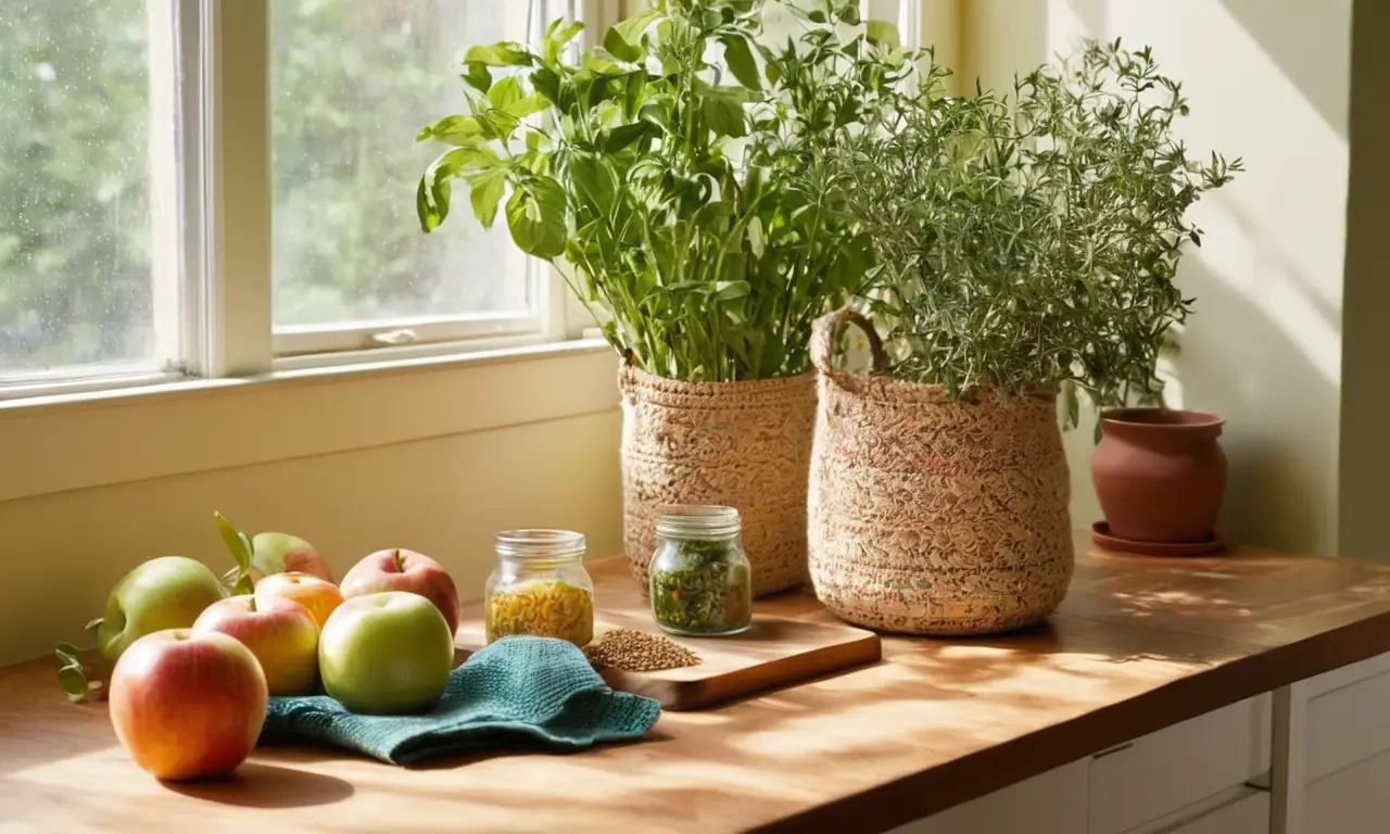 Cocina luminosa y acogedora con alimentos frescos