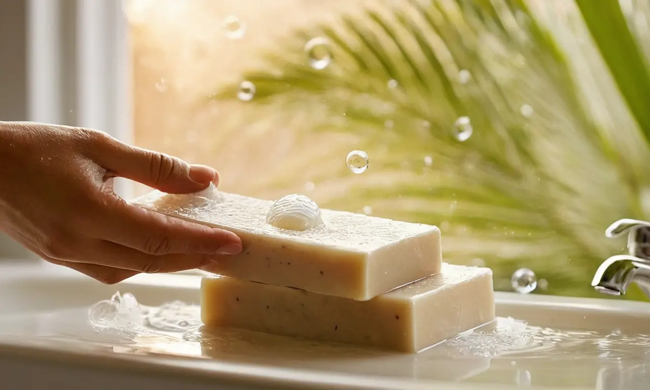 Mano lavándose con jabón de coco cremoso