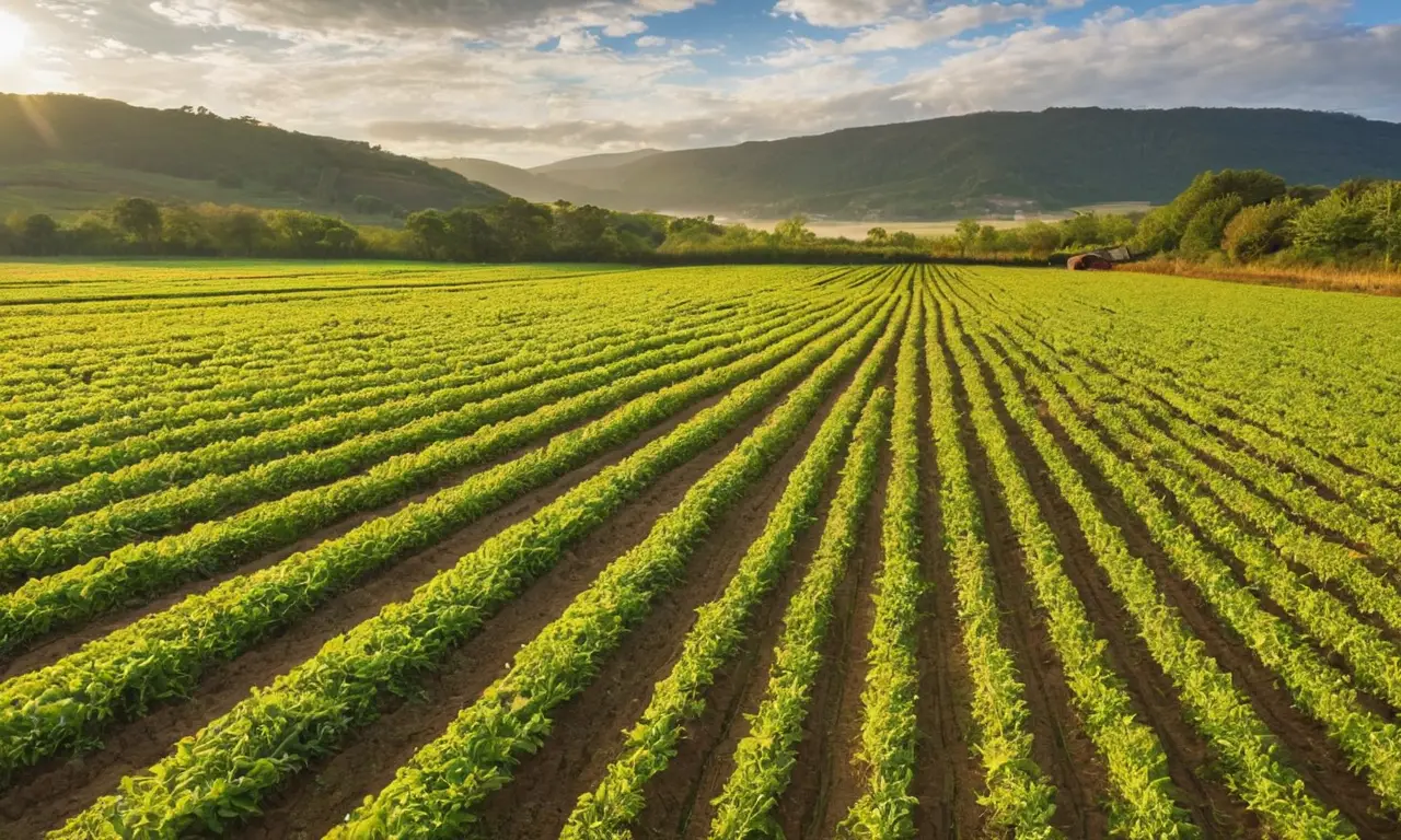 Campos verdes vibrantes y agrícolas bajo el sol