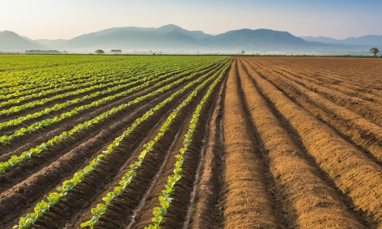 Campo verde vibrante con cultivos y maquinaria