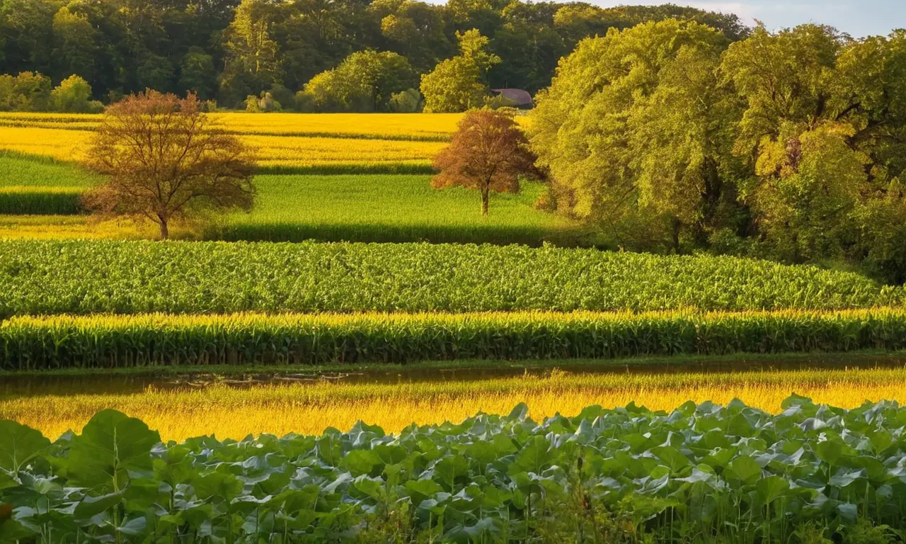 Campos verdes armoniosos reflejan sostenibilidad agrícola