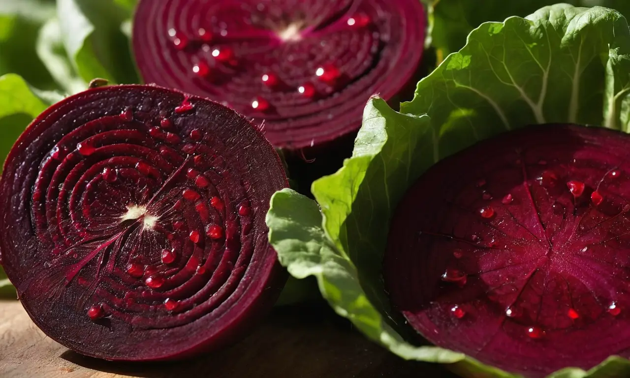 Remolacha roja brillante con hojas verdes
