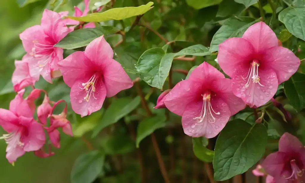 Flores Bignonia rosas envueltas en un jardín