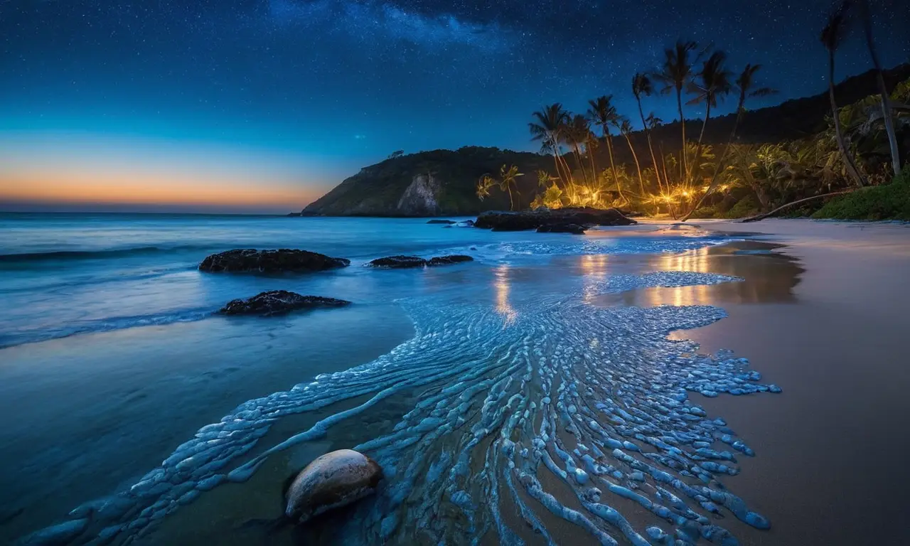 Olas bioluminiscentes iluminan la playa tranquila