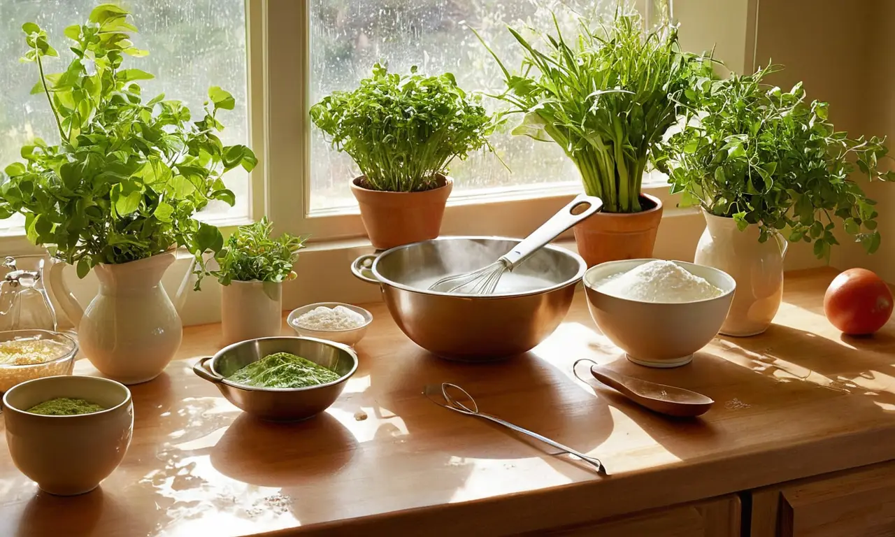 Cocina luminosa con ingredientes y actividad organizada