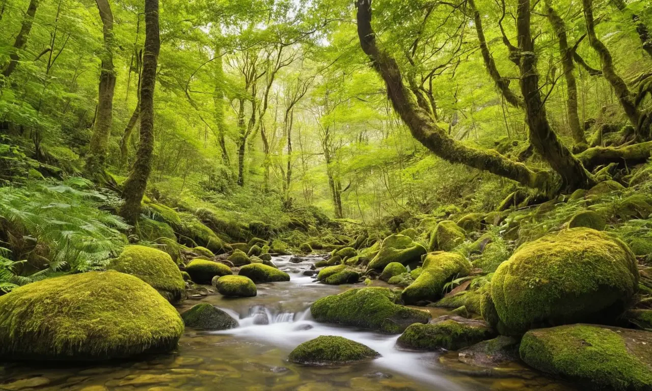 Bosque vibrante con luz, flora y fauna