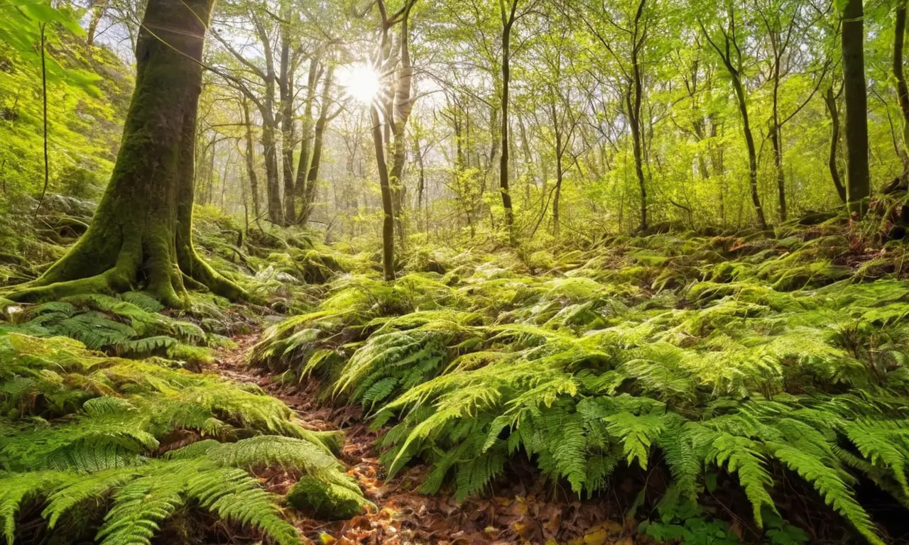 Bosque vibrante con luz, fauna y flora
