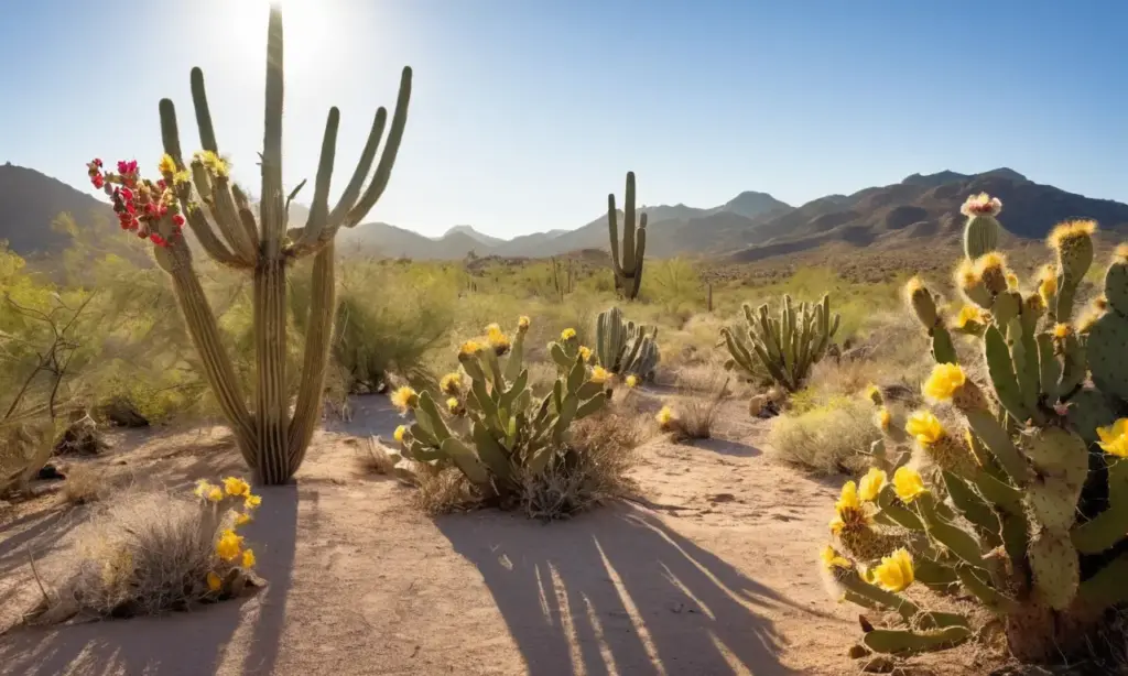 Desierto soleado con cactus y flores coloridas