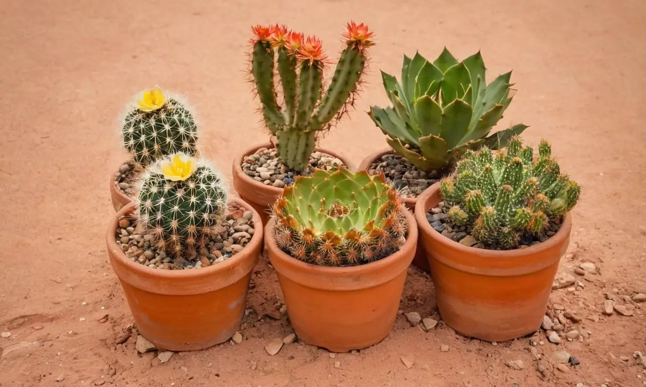 Cactus variados muestran belleza en terracota