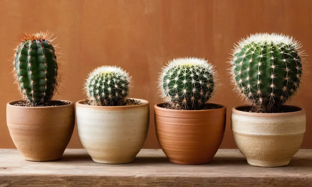 Cactus pequeños en estante de madera rústica