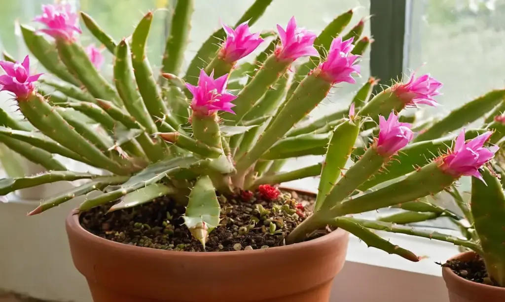 Cactus navideño verde con flores delicadas